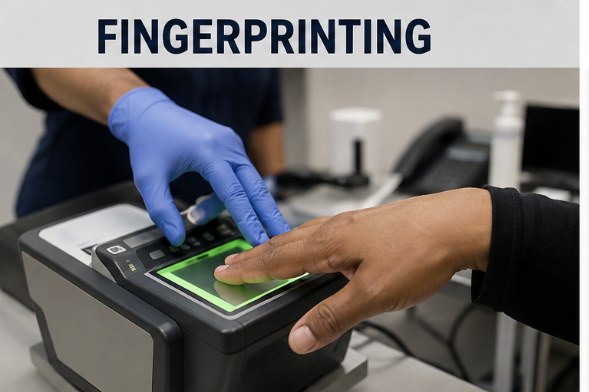 Gloved hands taking a digital fingerprint on a scanner