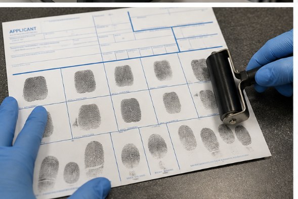 Ink fingerprint applicant card being completed