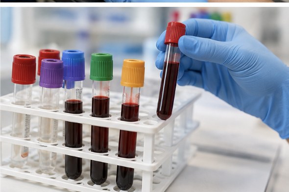 Rack of color-capped blood collection tubes in the lab