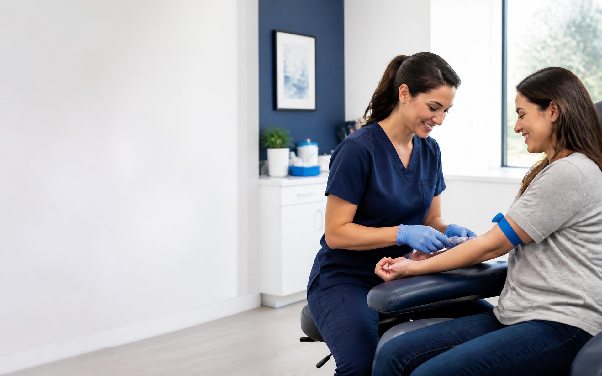 Phlebotomist drawing blood from a smiling patient in a bright clinic