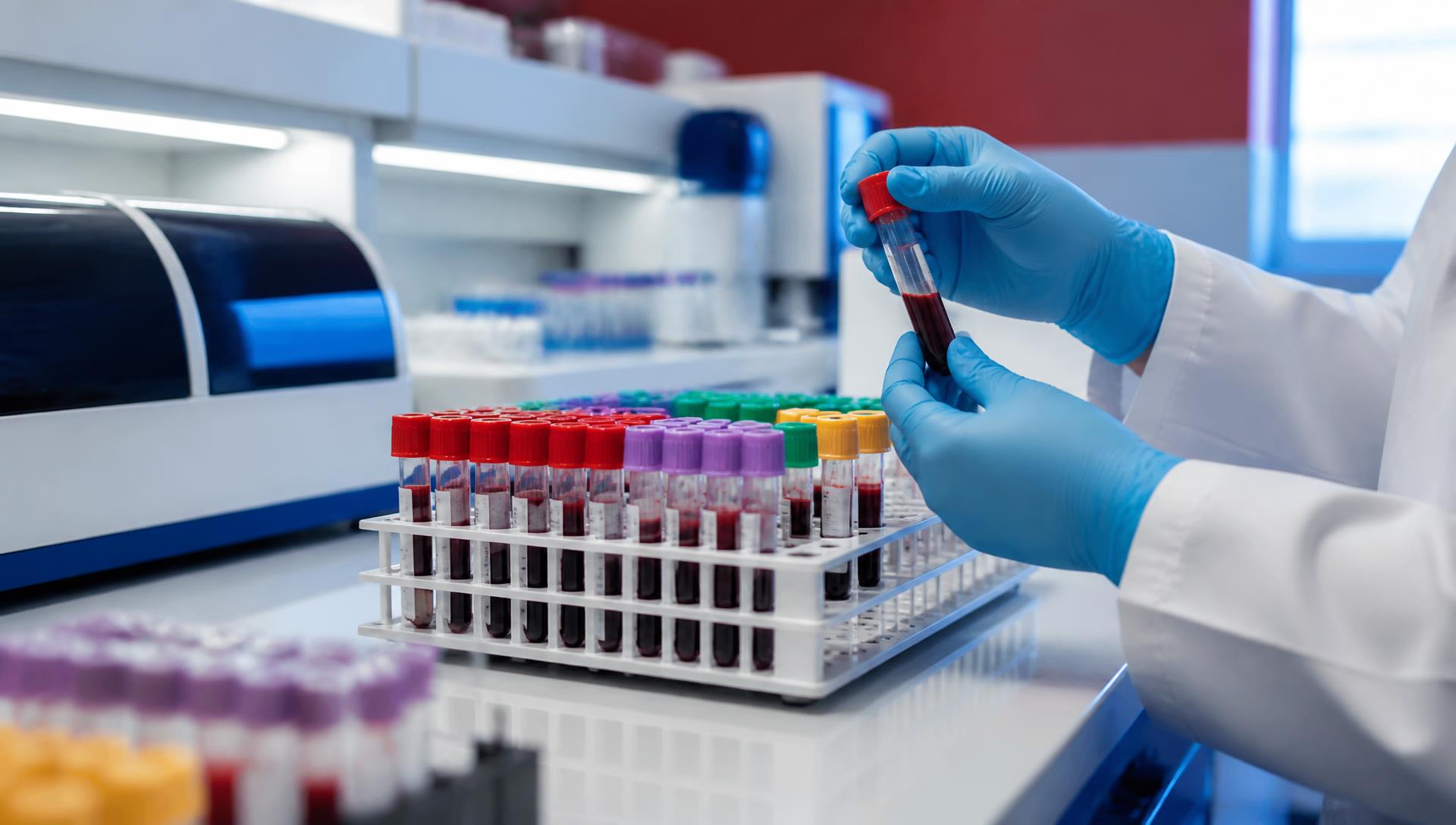 Gloved lab technician holding a labeled blood collection tube beside a rack of specimens